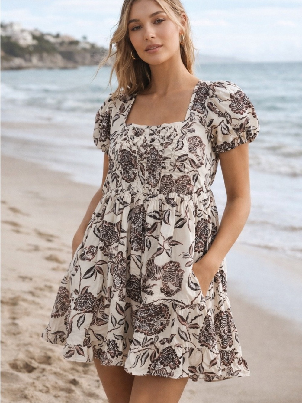 House of Harlow 1960 Floral Mini Dress L Boho Puff Sleeve Babydoll Milkmaid